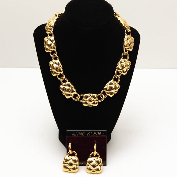 Anne Klein Vintage Necklace Earrings Set Quilted Gold Tone 80s Statement Jewelry - Picture 1 of 7